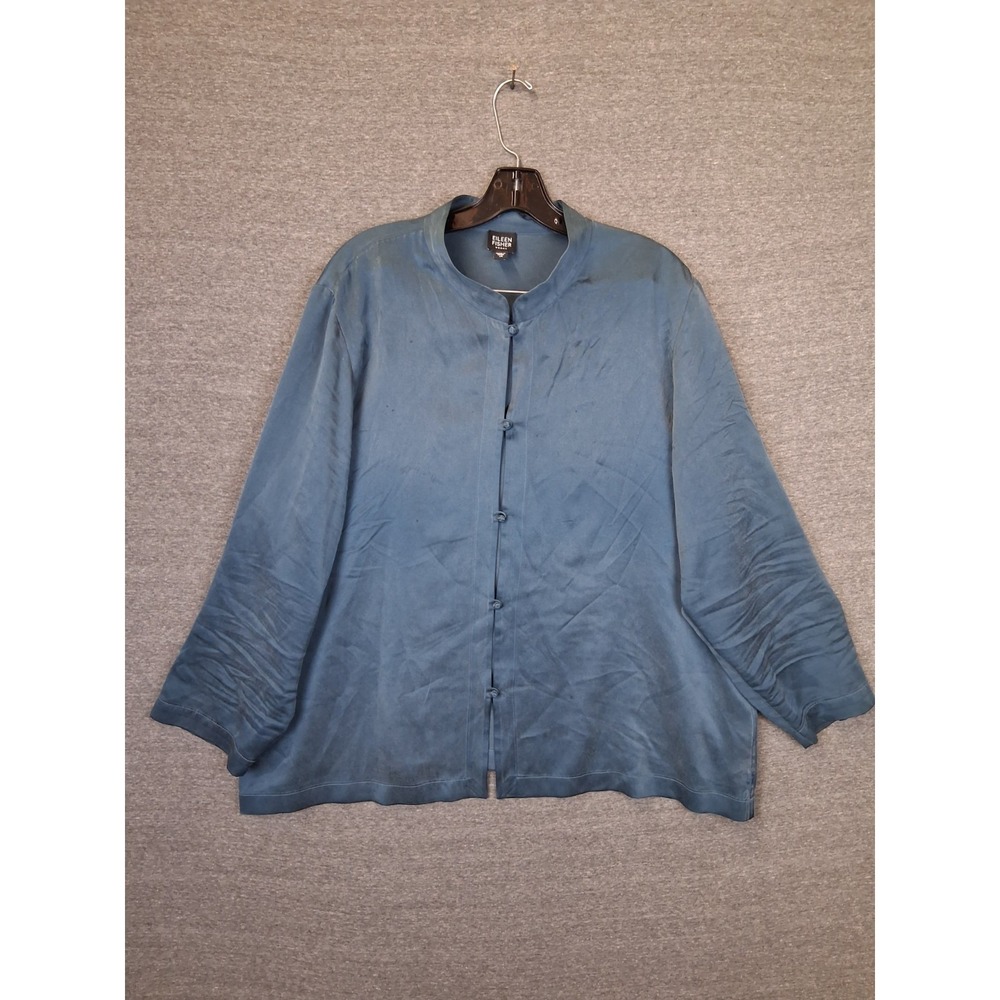 Eileen Fisher Womens Shirt 1X‎ Blue 100% Silk Satin Boxy Career Office Classic